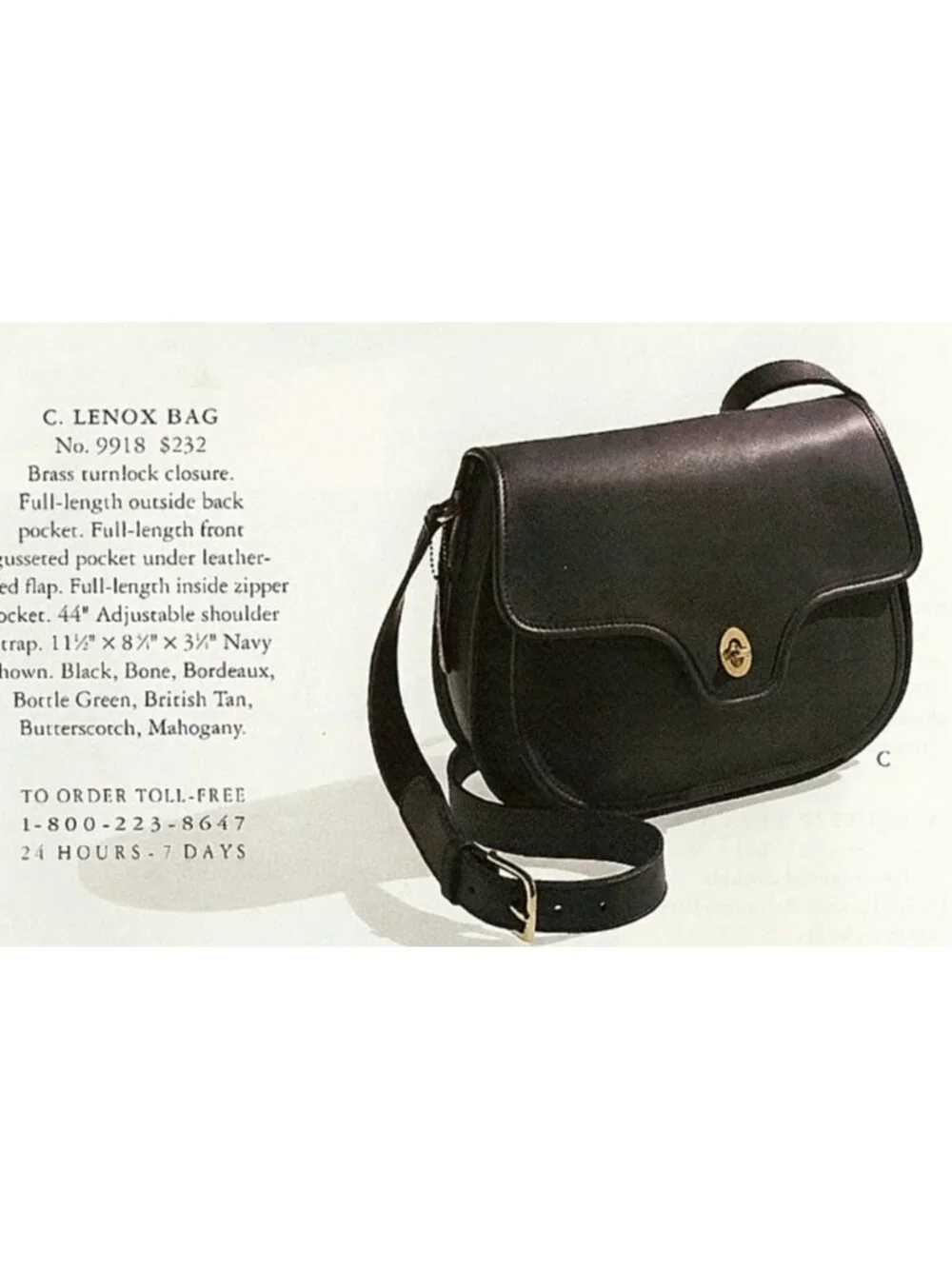 Coach Vintage - Lenox Crossbody Bag 9918, Black + Brass Turnlock, USA 1980s